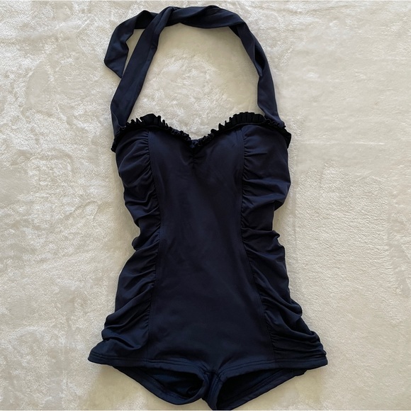 Anthropologie Other - Anthropologie Seafolly Boyleg Retro Halter One Piece Swimsuit Navy Blue 4 EUC